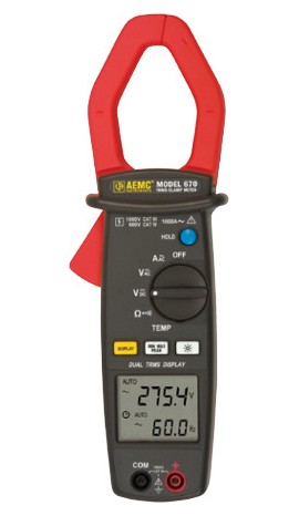 AEMC 670 Dual Display True RMS Clamp Meter with Temperature, AC Amps, AC/DC Volts-