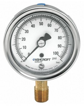 Ashcroft 1009 Pressure Gauge, 0 to 100 psi, 2.5&amp;quot; dial, &amp;frac14;&amp;quot; NPT male lower, SS housing-