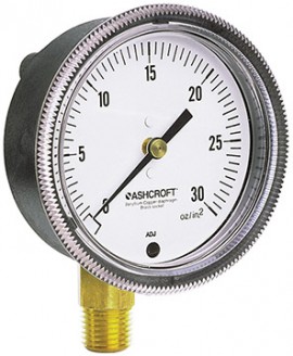 Ashcroft 1490 Pressure Gauge, 0/10 &amp;quot;H<sub>2</sub>O, 3.5&amp;quot; dial, &amp;frac14;&amp;quot; NPT male center back, black, glass filled polysulfone-