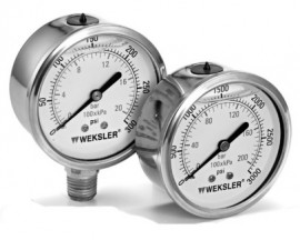 Weksler BY11YPG4CW Liquid Filled Pressure Gauge with 50 mm dial, 0 to 160 psi and 0/11 bar (1100 kPa), &amp;frac14; npt back connection-