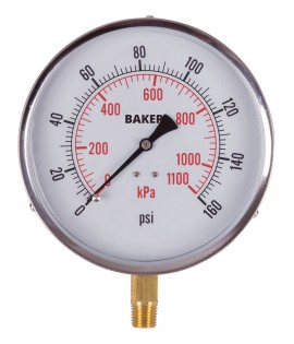 Baker 421AVND Series Pressure Gauge, 0 to 160 psi/0 to 1100 kPa, 4.5&amp;quot; dial, &amp;frac14;&amp;quot; NPT bottom, SS housing-