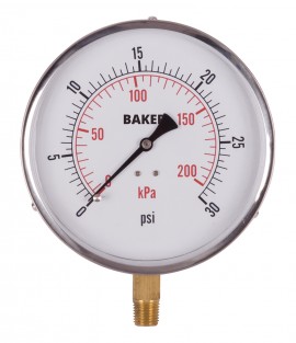 Baker 421AVND Series Pressure Gauge, 0 to 30 psi/0 to 200 kPa, 4.5&amp;quot; dial, &amp;frac14;&amp;quot; NPT bottom, SS housing-