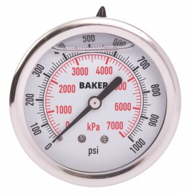 Baker AHNC Series Liquid Filled Pressure Gauge, 0 to 1000 psi/0 to 7000 kPa, 2.5&amp;quot; dial, &amp;frac14;&amp;quot; NPT back, SS housing-