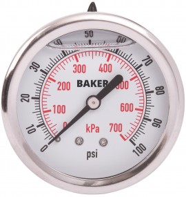 Baker AHNC Series Liquid Filled Pressure Gauge, 0 to 100 psi/0 to 700 kPa, 2.5&amp;quot; dial, &amp;frac14;&amp;quot; NPT back, SS housing-