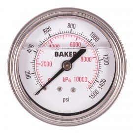 Baker AHNC Series Liquid Filled Pressure Gauge, 0 to 1500 psi/0 to 10,500 kPa, 2.5&amp;quot; dial, &amp;frac14;&amp;quot; NPT back, SS housing-
