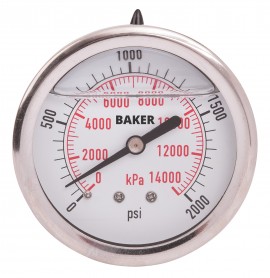 Baker AHNC Series Liquid Filled Pressure Gauge, 0 to 2000 psi/0 to 14,000 kPa, 2.5&amp;quot; dial, &amp;frac14;&amp;quot; NPT back, SS housing-