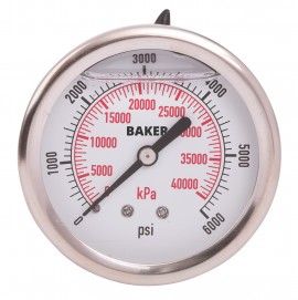 Baker AHNC Series Liquid Filled Pressure Gauge, 0 to 6000 psi/0 to 42,000 kPa, 2.5&amp;quot; dial, &amp;frac14;&amp;quot; NPT back, SS housing-