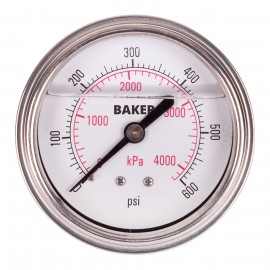Baker AHNC Series Liquid Filled Pressure Gauge, 0 to 600 psi/0 to 4200 kPa, 2.5&amp;quot; dial, &amp;frac14;&amp;quot; NPT back, SS housing-