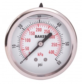 Baker AHNC Series Liquid Filled Pressure Gauge, 0 to 60 psi/0 to 400 kPa, 2.5&amp;quot; dial, &amp;frac14;&amp;quot; NPT back, SS housing-