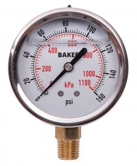 Baker AVNC Series Liquid Filled Pressure Gauge, 0 to 160 psi/0 to 1100 kPa, 2.5&amp;quot; dial, &amp;frac14;&amp;quot; NPT bottom, SS housing-