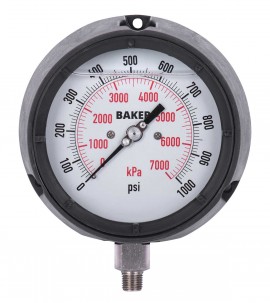 Baker LF45 Series Liquid Filled Pressure Gauge, 0 to 1000 psi/0 to 7000 kPa, 4.5&amp;quot; dial, &amp;frac14;&amp;quot; NPT bottom, impact resistant phenolic case-