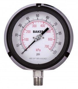 Baker LF45 Series Liquid Filled Pressure Gauge, 0 to 100 psi/0 to 700 kPa, 4.5&amp;quot; dial, &amp;frac12;&amp;quot; NPT bottom, impact resistant phenolic case-
