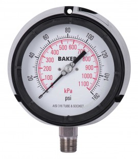 Baker LF45 Series Liquid Filled Pressure Gauge, 0 to 160 psi/0 to 1100 kPa, 4.5&amp;quot; dial, &amp;frac14;&amp;quot; NPT bottom, impact resistant phenolic case-