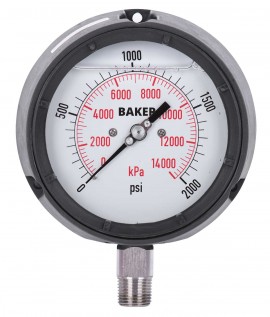 Baker LF45 Series Liquid Filled Pressure Gauge, 0 to 2000 psi/0 to 14,000 kPa, 4.5&amp;quot; dial, &amp;frac14;&amp;quot; NPT bottom, impact resistant phenolic case-
