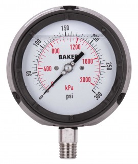 Baker LF45 Series Liquid Filled Pressure Gauge, 0 to 300 psi/0-2100 kPa, 4.5&amp;quot; dial, &amp;frac12;&amp;quot; NPT bottom, impact resistant phenolic case-