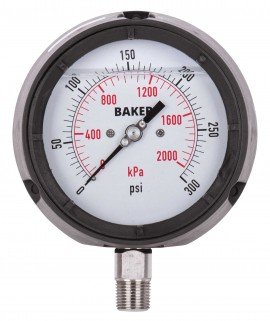 Baker LF45 Series Liquid Filled Pressure Gauge, 0 to 300 psi/0-2100 kPa, 4.5&amp;quot; dial, &amp;frac12;&amp;quot; NPT bottom, impact resistant phenolic case-