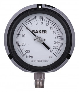 Baker LF45 Series Liquid Filled Pressure Gauge, 30&amp;quot;-0 to 30 psi, 4.5&amp;quot; dial, &amp;frac12;&amp;quot; NPT bottom, impact resistant phenolic case-