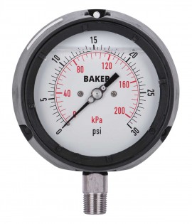 Baker LF45 Series Liquid Filled Pressure Gauge, 0 to 30 psi/0 to 200 kPa, 4.5&amp;quot; dial, &amp;frac12;&amp;quot; NPT bottom, impact resistant phenolic case-