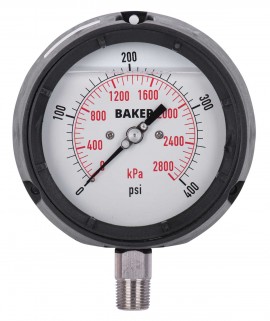 Baker LF45 Series Liquid Filled Pressure Gauge, 0 to 400 psi/0 to 2800 kPa, 4.5&amp;quot; dial, &amp;frac14;&amp;quot; NPT bottom,impact resistant phenolic case-