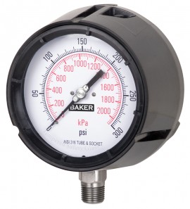 Baker LF45 Series Liquid Filled Pressure Gauge, 0 to 5000 psi/0 to 35,000 kPa, 4.5&amp;quot; dial, &amp;frac12;&amp;quot; NPT bottom, impact resistant phenolic case-
