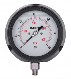 Baker LF45 Series Liquid Filled Pressure Gauge, 0 to 60 psi/0 to 400 kPa, 4.5&amp;quot; dial, &amp;frac14;&amp;quot; NPT bottom, impact resistant phenolic case-