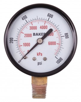 Baker LVBNA Series Pressure Gauge, 0 to 1000 psi/0 to 7000 kPa, 2.5&amp;quot; dial, &amp;frac14;&amp;quot; NPT bottom, SS housing-