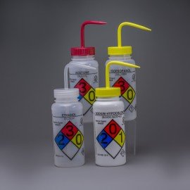 Bel-Art 12416-0050 GHS-Labeled and Safety-Vented Wide Mouth Wash Bottles, 16 oz, assorted-