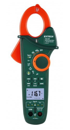 Extech EX623A True RMS AC/DC Clamp Meter with IR thermometer, NCV, 0.01 to 600 A,-