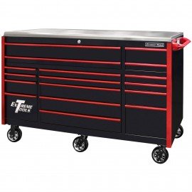 Extreme Tools EX7217RCQBKRD Roller Cabinet, 72", black with red handles-