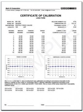 Mark-10 SVC001 Calibration Certificate for Force &amp;amp; Torque Instruments-
