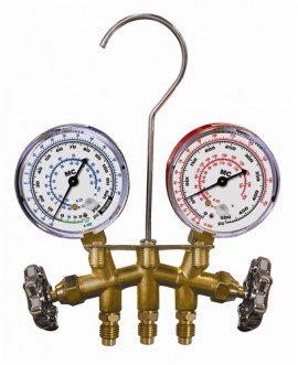 Mastercool 33103-G 2-Way Brass Manifold Gauge Set with gauge guards, no hoses-