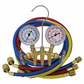 Mastercool 37661 Brass Manifold Gauge Set with 3 x 60&amp;quot; hoses, shut-off valve fitting-