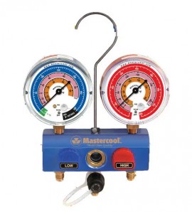 Mastercool 51203 2-Way Aluminum Ball Valve Manifold with 3-1/8&quot; gauges only, R454B, R410A, and R32-