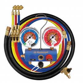 Mastercool 51461 3-Way Aluminum Ball Valve Manifold Gauge Set with 60&quot; hoses, 1/4&quot; SAE fittings, R454B, R410A, and R32-