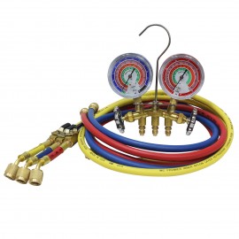 Mastercool 59272 2-Way Brass Manifold Gauge Set with 72" R410A hoses with ball valve control, 1/4" SAE fittings, R410A, R22, R404A-