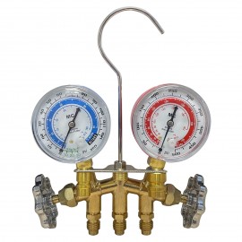 Mastercool 80103-MG 2-Valve Metric Brass Manifold with &amp;frac12;&amp;quot; ACME-M fittings and gauge guards-