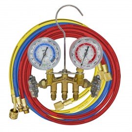 Mastercool 80661-G R134a 2-Way Brass Manifold Gauge Set with 3 x 60&amp;quot; hoses, 2-&amp;frac12;&amp;quot; gauges and gauge guards-