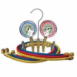Mastercool 83772-MG 2-Way Brass Manifold Gauge Set with SNAP-n-SEAL straight coupler and protector guard, metric-