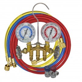Mastercool 84136-M 2-Way Brass Manifold Gauge Set with manual coupler, metric, R134a-