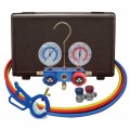 Mastercool 89661-PRO 2-Way Aluminum Manifold Gauge Set with manual couplers and 3-in-1 side mount can tap valve, 60" hoses, R134a-