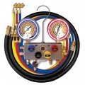Mastercool 96361-G 4-Way Aluminum Manifold Gauge Set with 3 x 60&amp;quot; nylon barrier ball valve hoses and 1 x 3/8&amp;quot; SAE black vacuum hose-