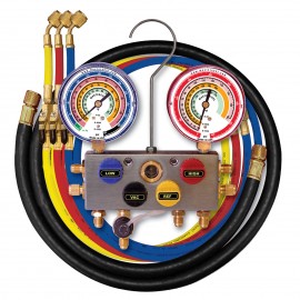 Mastercool 96372-G 4-Way Aluminum Manifold Gauge Set with 3 x 72&amp;quot; nylon barrier ball valve hoses and 1 x 3/8&amp;quot; SAE black vacuum hose-