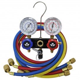 Mastercool 97772-MRG 2-Way Metric Aluminum Manifold Set with 3 x 72&amp;quot; hose, shut-off valve fitting, and gauge guards-