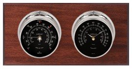 Maximum Catalina Two-Instrument Weather Station with mahogany panel, chrome case, black dial-