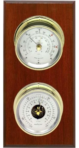 Maximum Hatteras 2-Instrument Wind/Barometric Pressure Weather Station, Brass Case and Silver/Black Dial, Mahogany/Oak Panel-