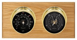 Maximum Hatteras Two-Instrument Weather Station with oak panel, brass case, black dial-