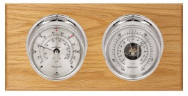 Maximum Hatteras Two-Instrument Weather Station with oak panel, chrome case, silver dial-