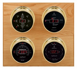 Maximum Marconi Four-Instrument Weather Station with oak panel, brass case, black dial-