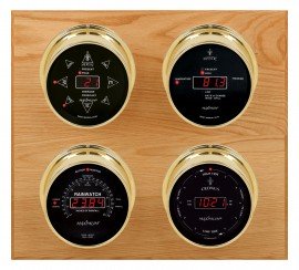 Maximum Marconi Four-Instrument Weather Station with oak panel, brass case, black dial-