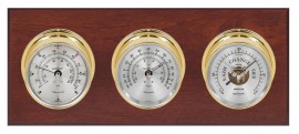 Maximum Montauk Three-Instrument Weather Station with mahogany panel, brass case, silver dial-